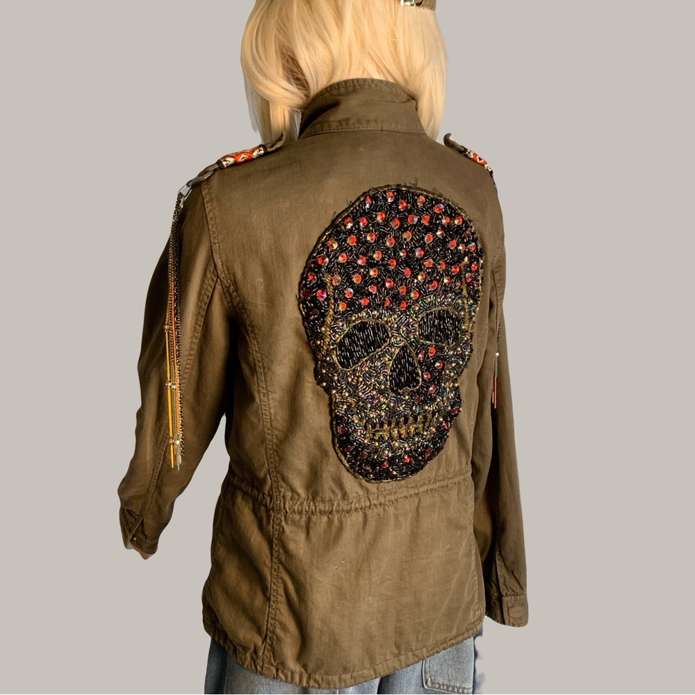 Upcycled Women's Khaki Utility Jacket with Surprise Back